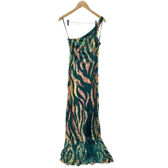 City Studio Dress‎ Juniors' Sequin One-Shoulder Slit Gown Size 8 Green Gold NWT - Picture 4 of 12